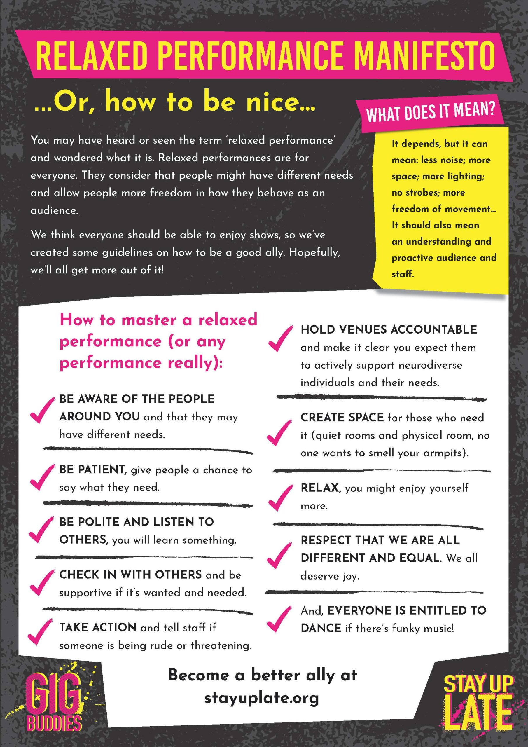 Image version of the relaxed manifesto for inclusive performances. The image contains a lot of words.